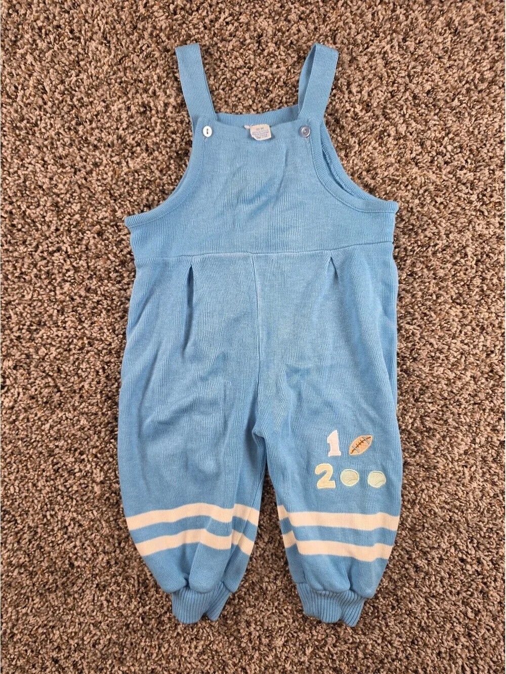 Vtg 90s light blue knit toddler overalls Boys Sz 18M Sports Football baseball